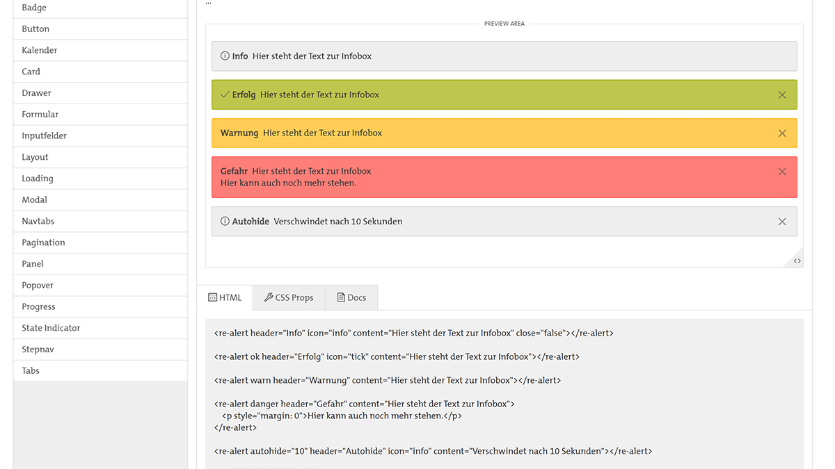 Alert Komponente mit HTML-Code der direkt auf der Seite angepasst und getestet werden kann