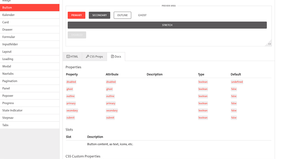 Button Komponenten mit der Dokumentation der API